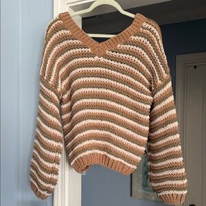 POL V-Neck Striped Sweater - Brown and Cream